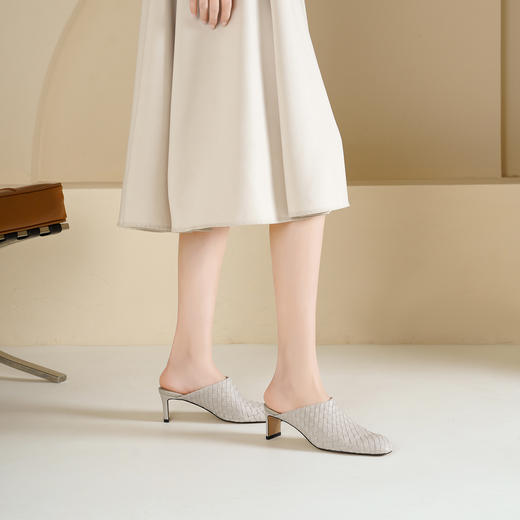 Westory2026年春季小方头中跟牛皮编织穆勒拖鞋后空鞋W26AH51081 商品图5