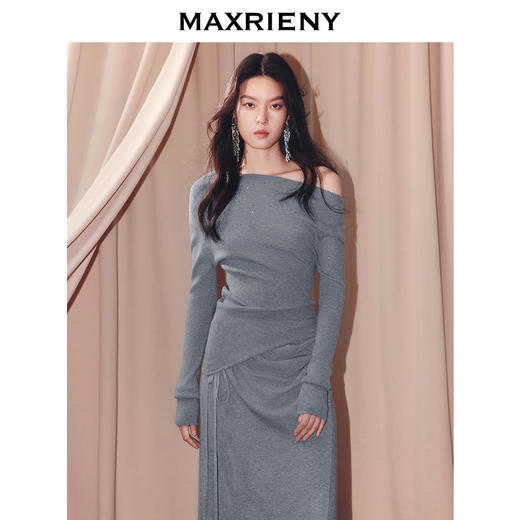 MAXRIENY一字斜领设计套头针织25冬款亲肤软糯肌理感长袖上衣女(货号:MF86SW507) 商品图0