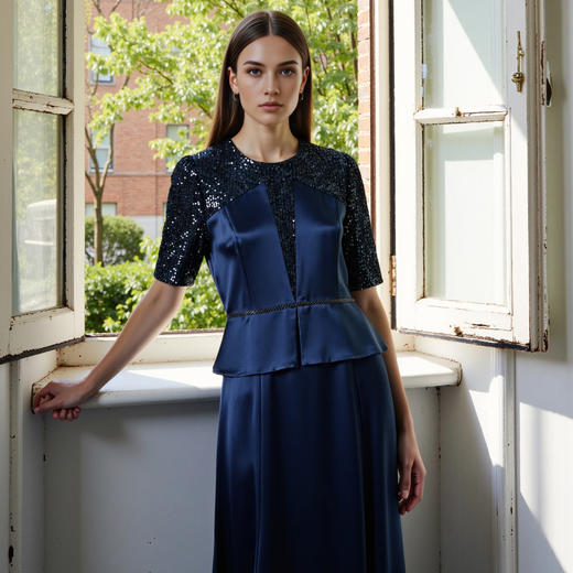 EITIE爱特爱气质圆领修身亮片复古礼服连衣裙春新款8177813 商品图6