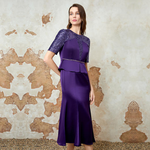 EITIE爱特爱气质圆领修身亮片复古礼服连衣裙春新款8177813 商品图3