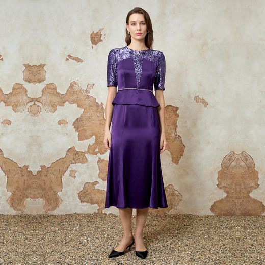 EITIE爱特爱气质圆领修身亮片复古礼服连衣裙春新款8177813 商品图4