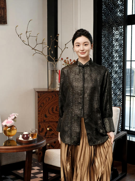 盛唐婧 | 新中式织金真丝百搭时尚款长衬衫-黑色 商品图0