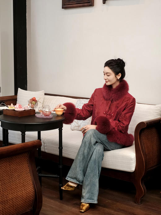 盛唐牡丹 | 文竹丝毛漳缎狐狸毛棉外套 商品图1