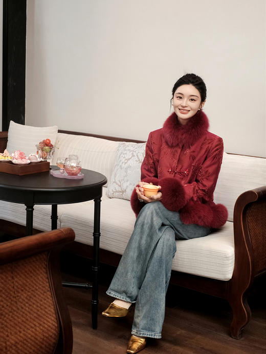 盛唐牡丹 | 文竹丝毛漳缎狐狸毛棉外套 商品图2