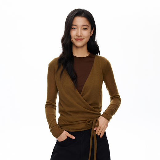 Oneup羊毛V领绑带针织衫 商品图1