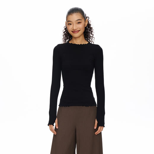 Oneup密边螺纹修身长袖T恤 商品图0