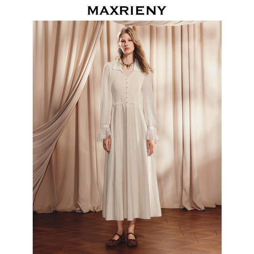 玛克门店发货：MAXRIENY复古法式连衣裙修身收腰25冬款针织裙奶油系复古少女穿搭(货号:MS86DR766) 商品图0
