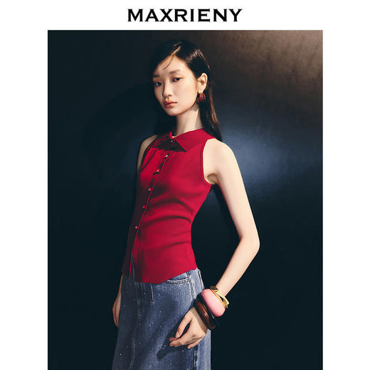 【商场同款-浅春系穿搭】MAXRIENY复古优雅挂脖翻领无袖套头毛衫(货号:MC86SW046) 商品图1