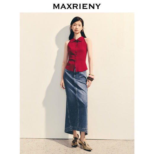 【商场同款-浅春系穿搭】MAXRIENY复古优雅挂脖翻领无袖套头毛衫(货号:MC86SW046) 商品图2