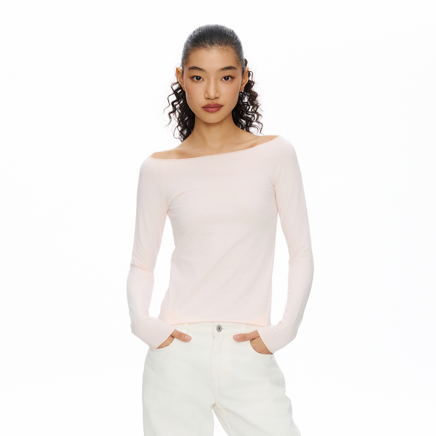 Oneup一字领修身插肩长袖