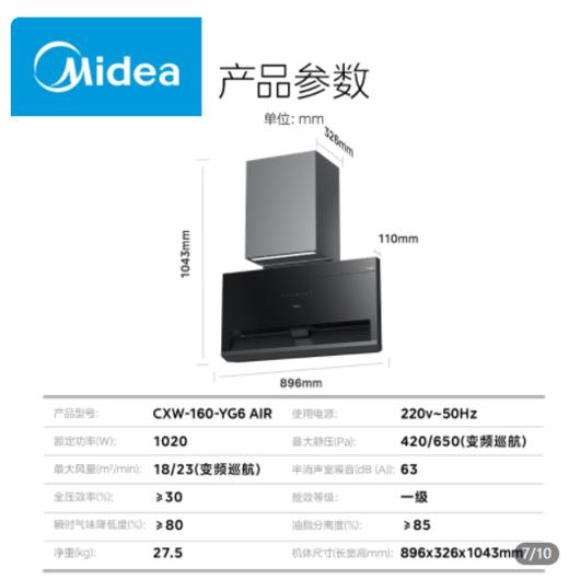 美的（510656）CXW-160-YG6 AIR 超薄双吸式油烟机 触摸+挥手 冷轧板喷涂+玻璃 中国 商品图2