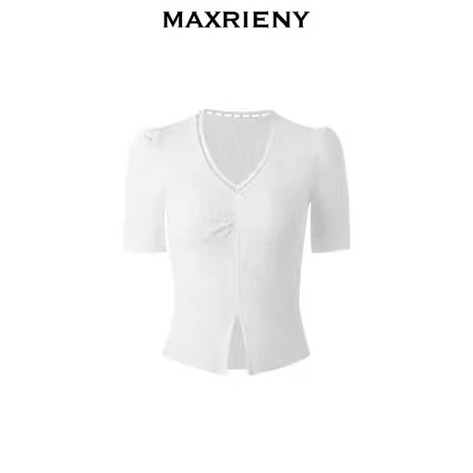 玛克门店发货：MAXRIENY优雅复古感V领抽褶复古珍珠边毛衫货号：MC85SW301 商品图3