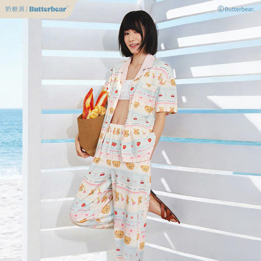 奶糖派夏季睡衣女短袖黄油小熊联名蛋糕熊海边凉感休闲家居服套装 商品图0