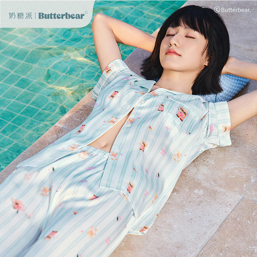 奶糖派偶像熊睡衣女士夏季高级感凉感条纹短袖黄油小熊联名家居服 商品图0