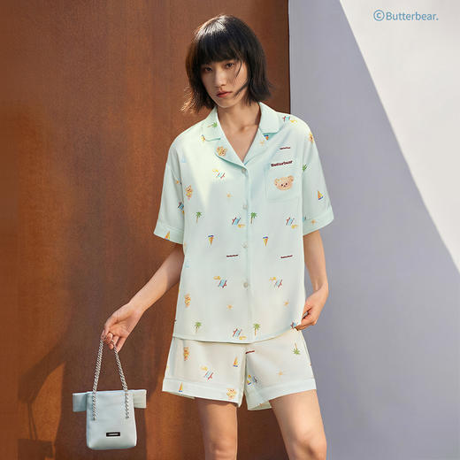 奶糖派黄油小熊联名夏季睡衣女士短袖珍珠缎清凉家居服套装度假熊 商品图2