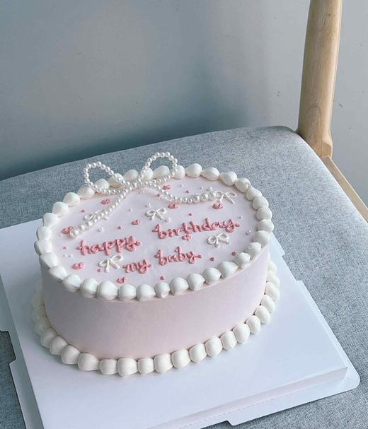 「女孩」珍珠蝴蝶结粉色蛋糕  一层夹层 商品图0