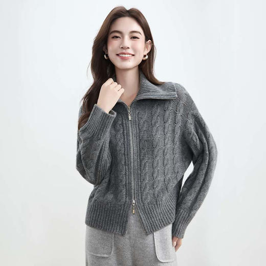 VogoPetite 100%山羊绒绞花纹理休闲外套 BP142F1602 商品图1