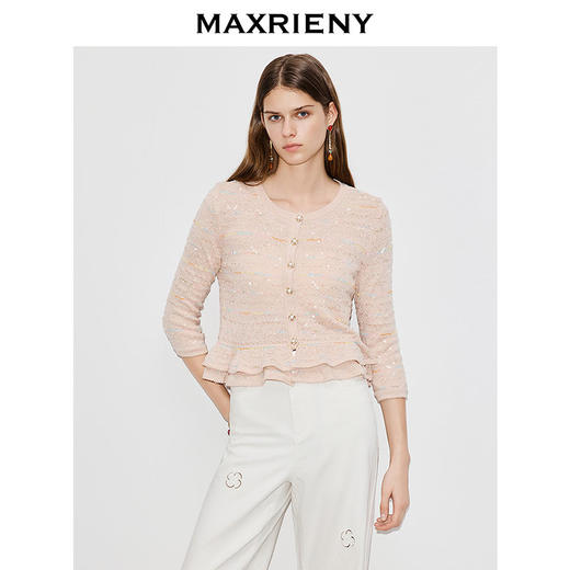 玛克门店发货MAXRIENY浅藕粉色针织衫2026年春季新款修身双层荷叶边上衣毛衣(货号:MF80SW002) 商品图1