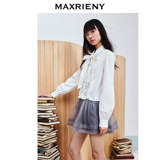 玛克门店发货MAXRIENY百褶A摆简约格雷网纱压褶半裙(货号:MC86SK008) 商品图1