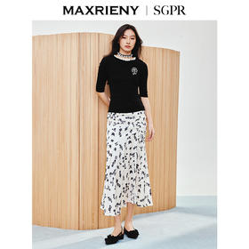 玛克门店发货【SGPR】浪漫复古感印花提花缎面鱼尾抽褶半身裙25春(货号:MU86SK006)