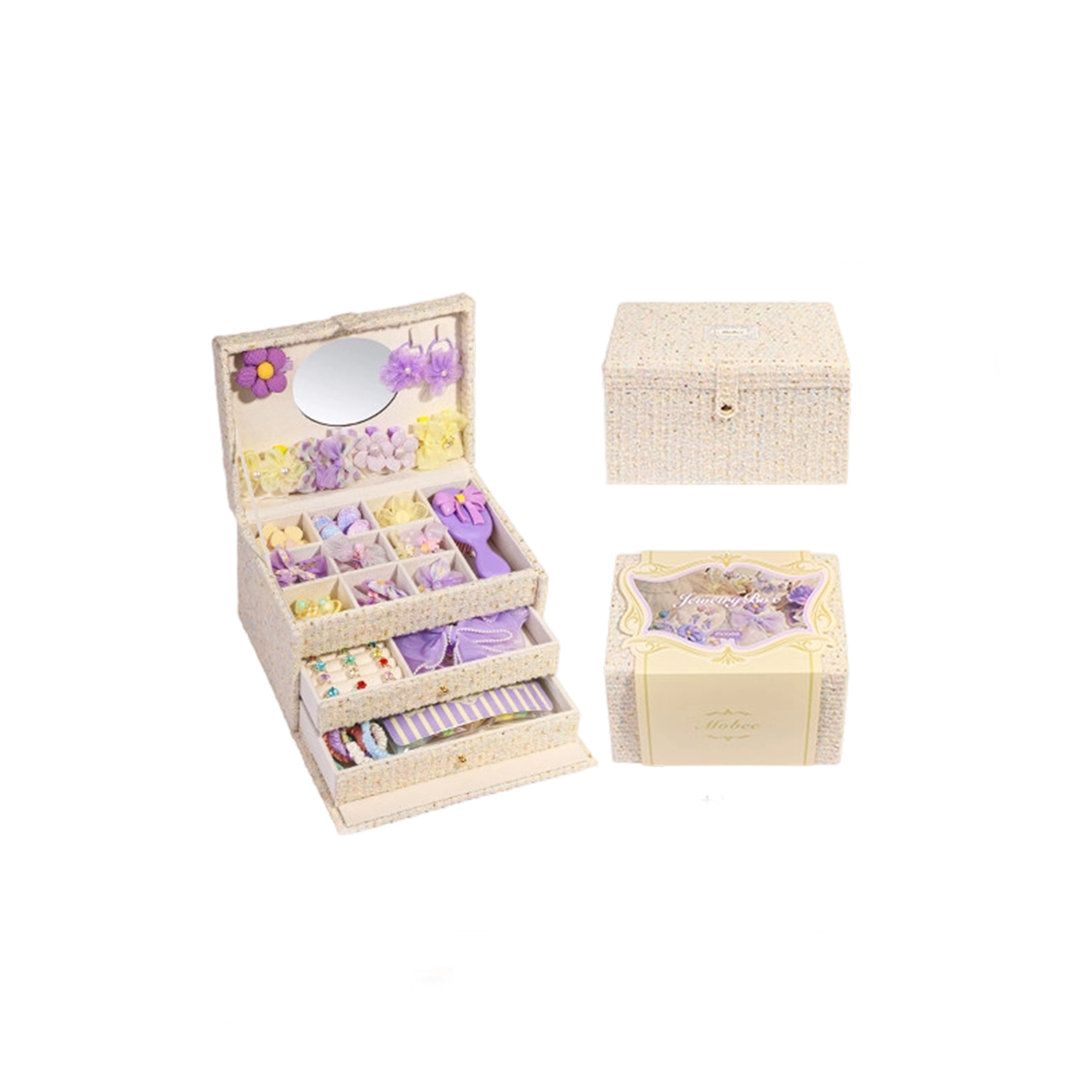 Mobee 礼物系列 发饰礼盒 拾光花町 米色 儿童发饰礼盒套装女孩侧边发夹箍头绳皮筋首饰收纳