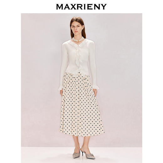 玛克门店发货MAXRIENY复古波点印花裙26春款黑白撞色压褶半裙收腰伞裙中长裙(货号:MF86SK751) 商品图0