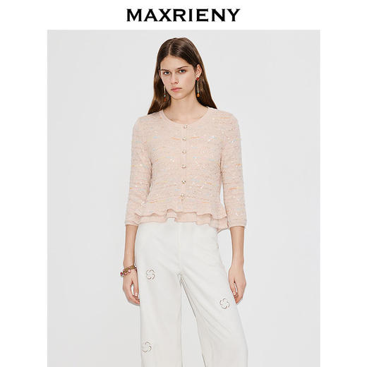 玛克门店发货MAXRIENY浅藕粉色针织衫2026年春季新款修身双层荷叶边上衣毛衣(货号:MF80SW002) 商品图2