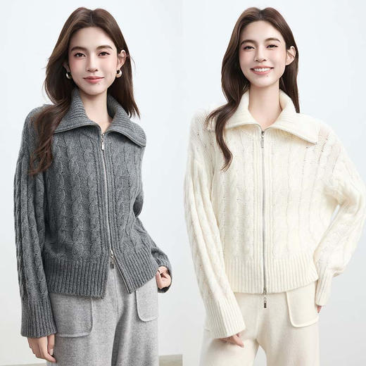 VogoPetite 100%山羊绒绞花纹理休闲外套 BP142F1602 商品图0