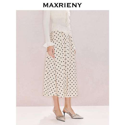 玛克门店发货MAXRIENY复古波点印花裙26春款黑白撞色压褶半裙收腰伞裙中长裙(货号:MF86SK751) 商品图1