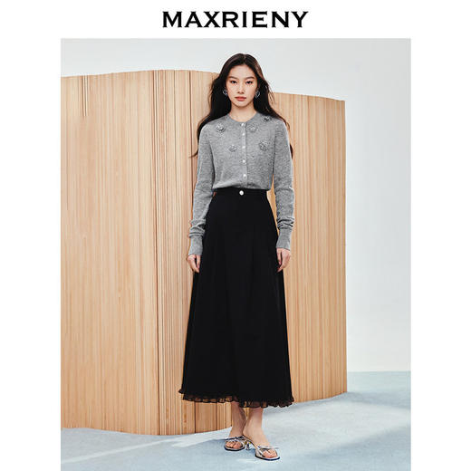 玛克门店发货【SGPR】法式赫本收腰伞摆半裙2025春款黑色高腰长裙(货号:MU86SK007) 商品图0