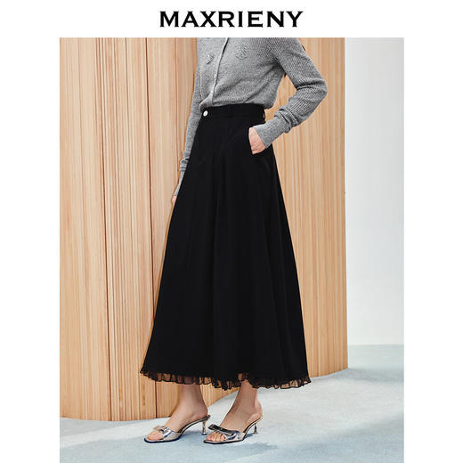 玛克门店发货【SGPR】法式赫本收腰伞摆半裙2025春款黑色高腰长裙(货号:MU86SK007) 商品图1