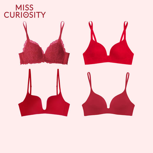 好奇蜜斯红内衣女小胸聚拢无钢圈结婚性感蕾丝文胸罩套装本命年-红品蕾丝文胸合集 商品图0