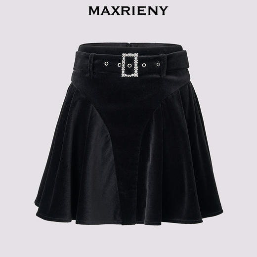 MAXRIENY法式复古气质半裙高腰丝绒短裙黑色压褶伞裙(货号:MF86SK507) 商品图3