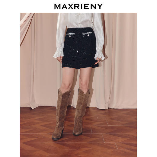 MAXRIENY优雅复古小香风收腰短款小A半裙25秋款烫钻a字高腰短裙(货号:MF86SK504) 商品图0