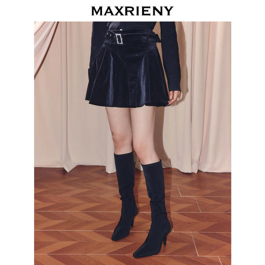 MAXRIENY法式复古气质半裙高腰丝绒短裙黑色压褶伞裙(货号:MF86SK507) 商品图0