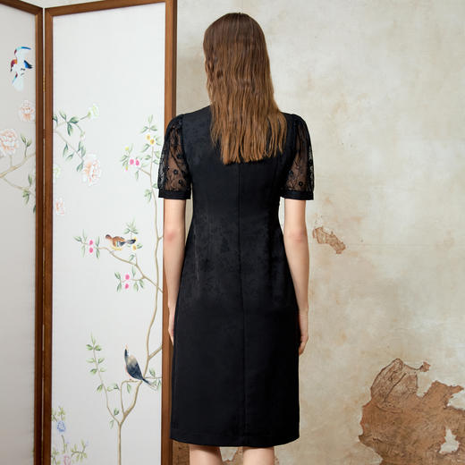 EITIE爱特爱新中式立领修身显瘦蕾丝蕾丝拼接连衣裙春季新款8107833 商品图4