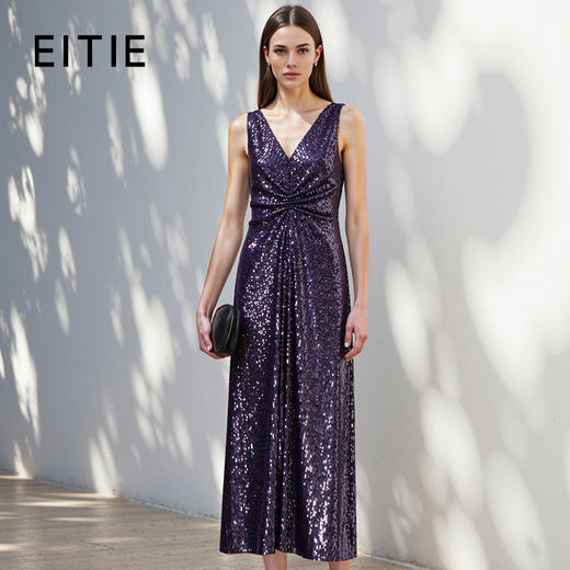 EITIE爱特爱重工亮片修身优雅气质V领无袖礼服连衣裙夏新款8277909 商品图1