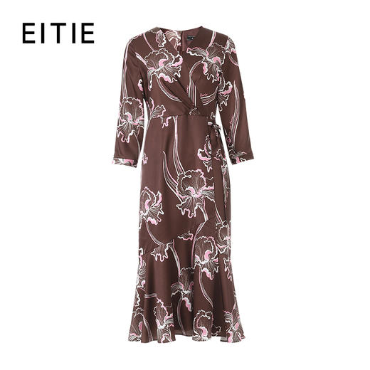 EITIE爱特爱法式印花收腰V领鱼尾裙摆系带连衣裙2026春季新款8507222 商品图6