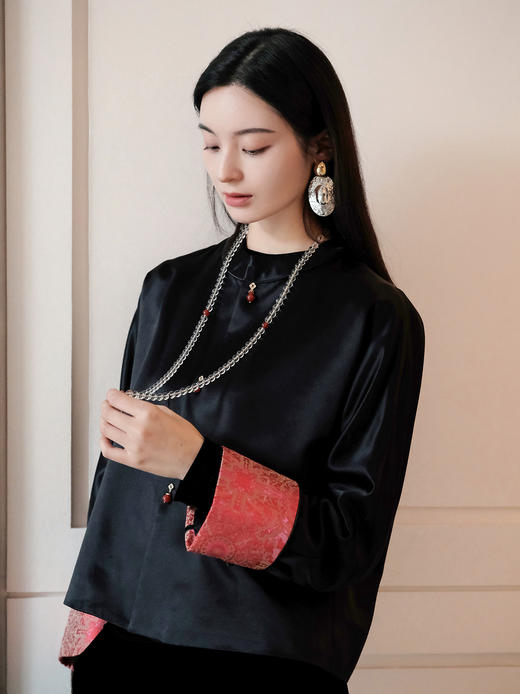 盛唐牡丹| 丝毛拼重缎宋锦袖外套（红色袖口） 商品图7