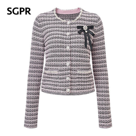 天虹玛克门店发货：【SGPR】粉色条纹小香风外套2026年春季新款蝴蝶结圈圈纱短外套(货号:MU80JA019) 商品图4