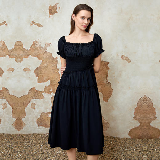 EITIE爱特爱夏季新款优雅复古方领泡泡袖收腰显瘦连衣裙8207901 商品图1