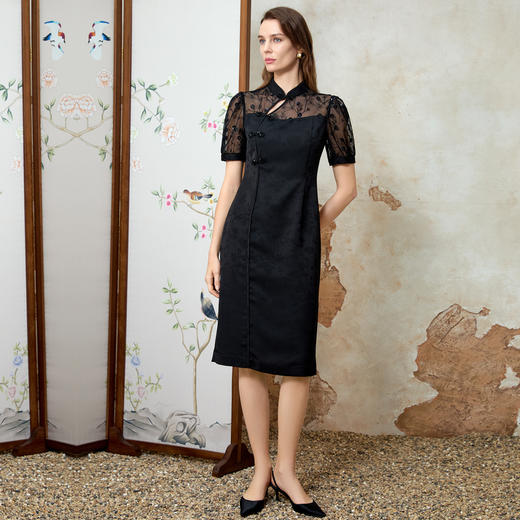 EITIE爱特爱新中式立领修身显瘦蕾丝蕾丝拼接连衣裙春季新款8107833 商品图3