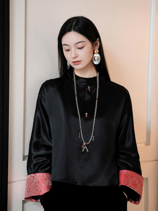 盛唐牡丹| 丝毛拼重缎宋锦袖外套（红色袖口） 商品图6