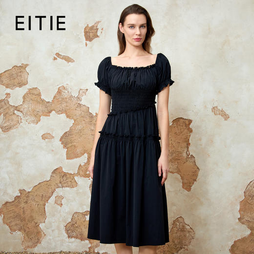 EITIE爱特爱夏季新款优雅复古方领泡泡袖收腰显瘦连衣裙8207901 商品图0