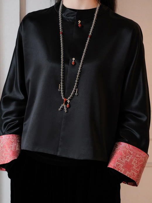 盛唐牡丹| 丝毛拼重缎宋锦袖外套（红色袖口） 商品图3