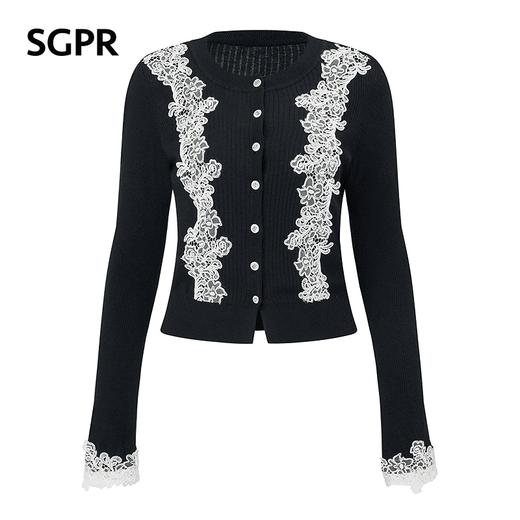 天虹玛克门店发货：蕾丝拼接针织开衫上衣（货号：MU80JA035A9001） 商品图4