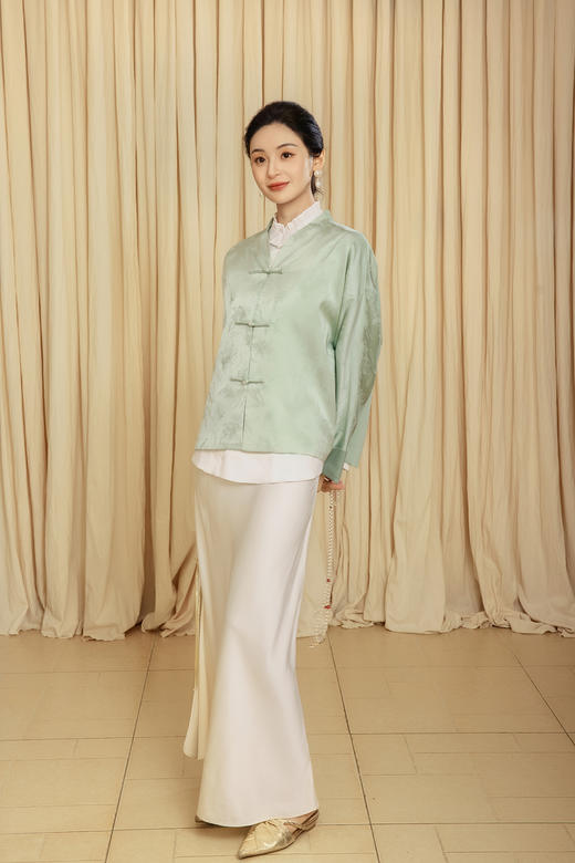 盛唐婧 |金鱼提花一字扣外套-淡绿 商品图3