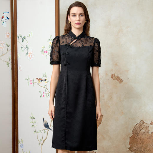 EITIE爱特爱新中式立领修身显瘦蕾丝蕾丝拼接连衣裙春季新款8107833 商品图2