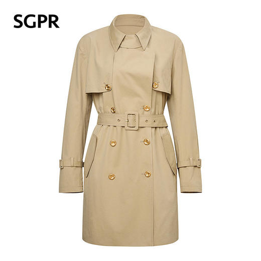 天虹玛克门店发货：卡其色风衣女中长款2026年春季新款收腰翻领钉珠纯棉外套(货号:MU80WB002) 商品图4