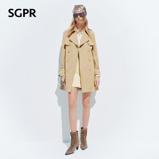 天虹玛克门店发货：卡其色风衣女中长款2026年春季新款收腰翻领钉珠纯棉外套(货号:MU80WB002) 商品图1